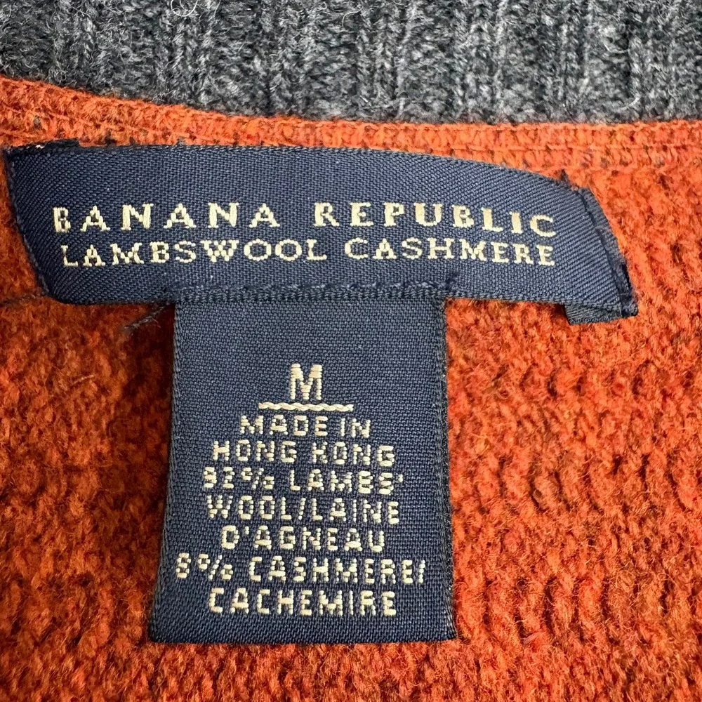 Banana Republic Mens M Lambswool Cashmere Quarter-Zip Elbow Patch Sweater Rust